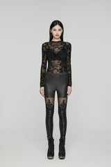 Black Embroidered Spliced Sheer Women's Gothic Leggings - Product - 1