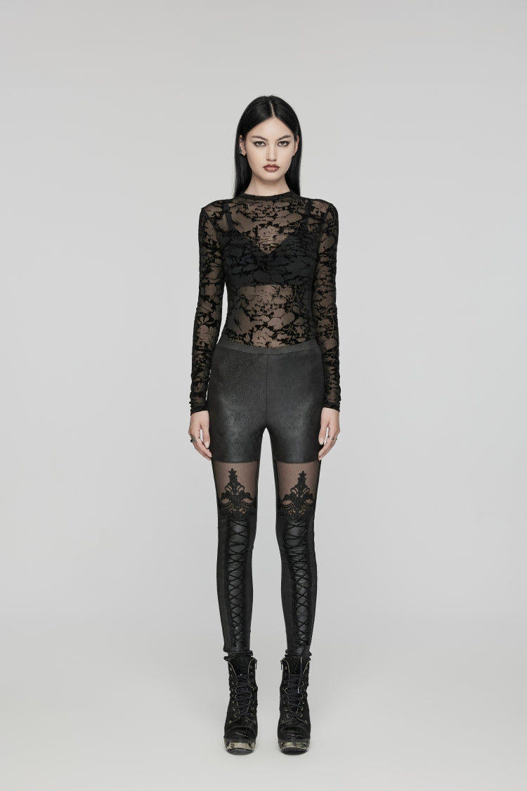 Black Embroidered Spliced Sheer Women's Gothic Leggings - Product - 1