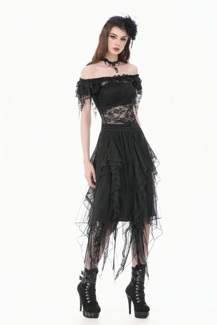 Black Off Shoulder Floral Sheer Lace Women's Gothic Top - Product - 12