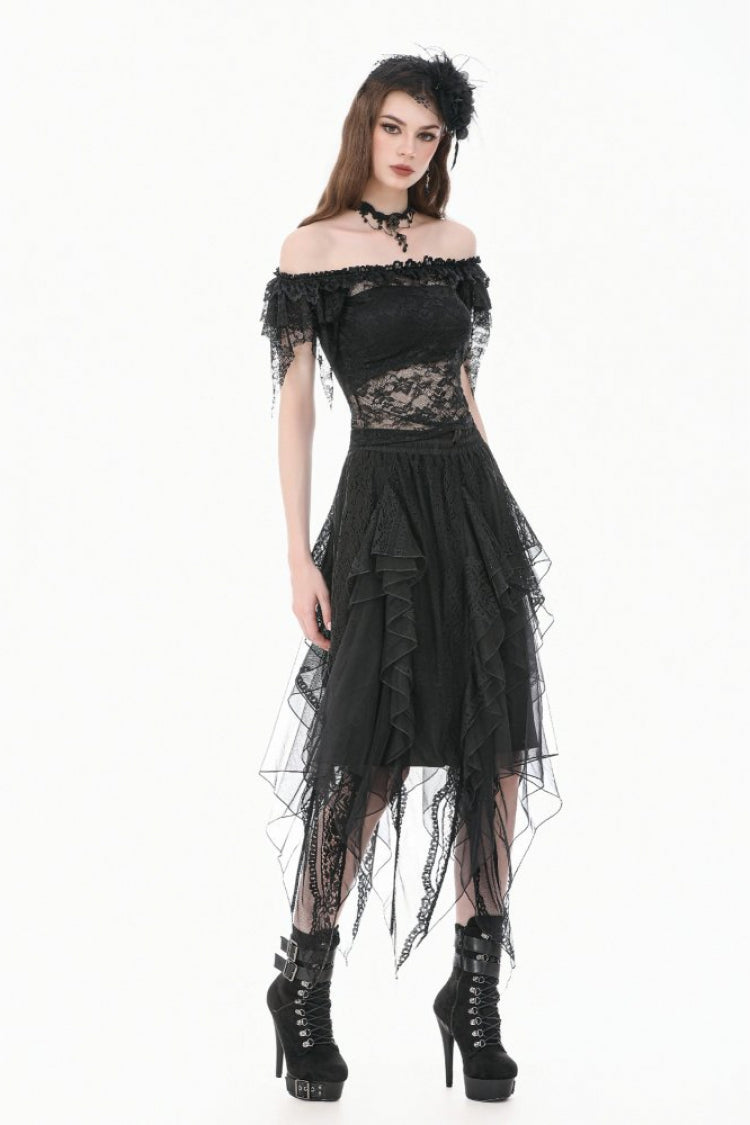Black Off Shoulder Floral Sheer Lace Women's Gothic Top - Product - 12