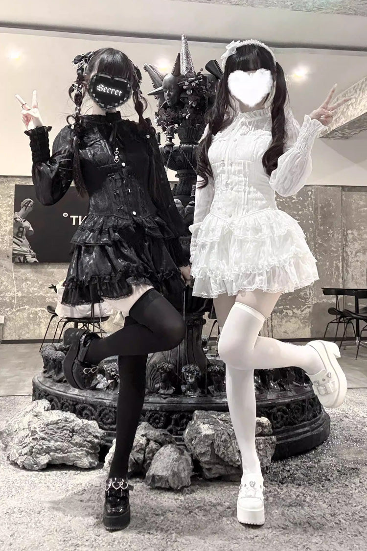 [Rose Bible] Long Sleeves Triple-Layered Multi-Layered Jacquard Ruffled Lace-Up Gothic Jirai Kei Japanese Blouse and Pumpkin Shorts Set 2 Colors - Product - 2