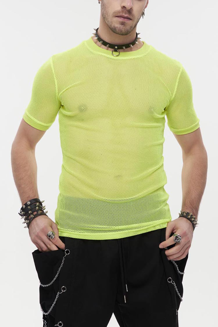 Yellow Gothic Crew Neck Diamond-Shaped Net Hyperelastic Short Sleeve Men's T-Shirt - Yellow - 1