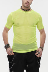 Yellow Gothic Crew Neck Diamond-Shaped Net Hyperelastic Short Sleeve Men's T-Shirt - Yellow - 1