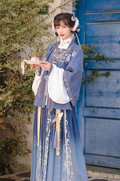 Original Improved Blue Chinese Style Ming Made Wide Sleeved Top High Waisted Skirt Embroidered Sweet Hanfu Three Piece Suit - Product - 3