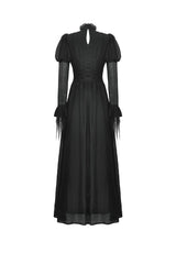 Black Women's Gothic Ruffled Stand Collar Long Puff Sleeves Spiderweb Splice Witch Maxi Dress - Product - 15