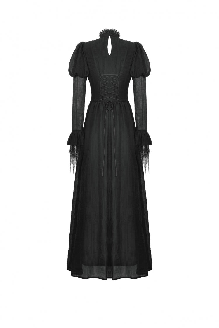 Black Women's Gothic Ruffled Stand Collar Long Puff Sleeves Spiderweb Splice Witch Maxi Dress - Product - 15