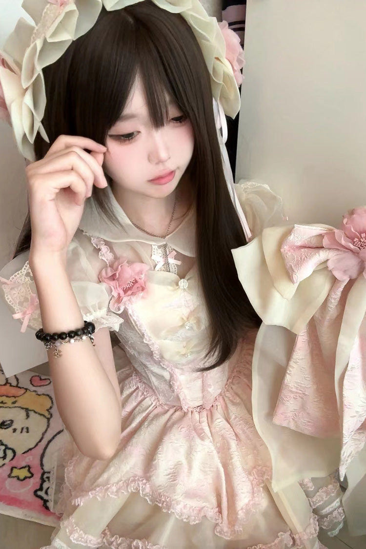 Pink [Jasmine Rain] Ruffle Hanayome Bowknot Lace Sweet Elegant Princess Lolita Dress - Product - 5
