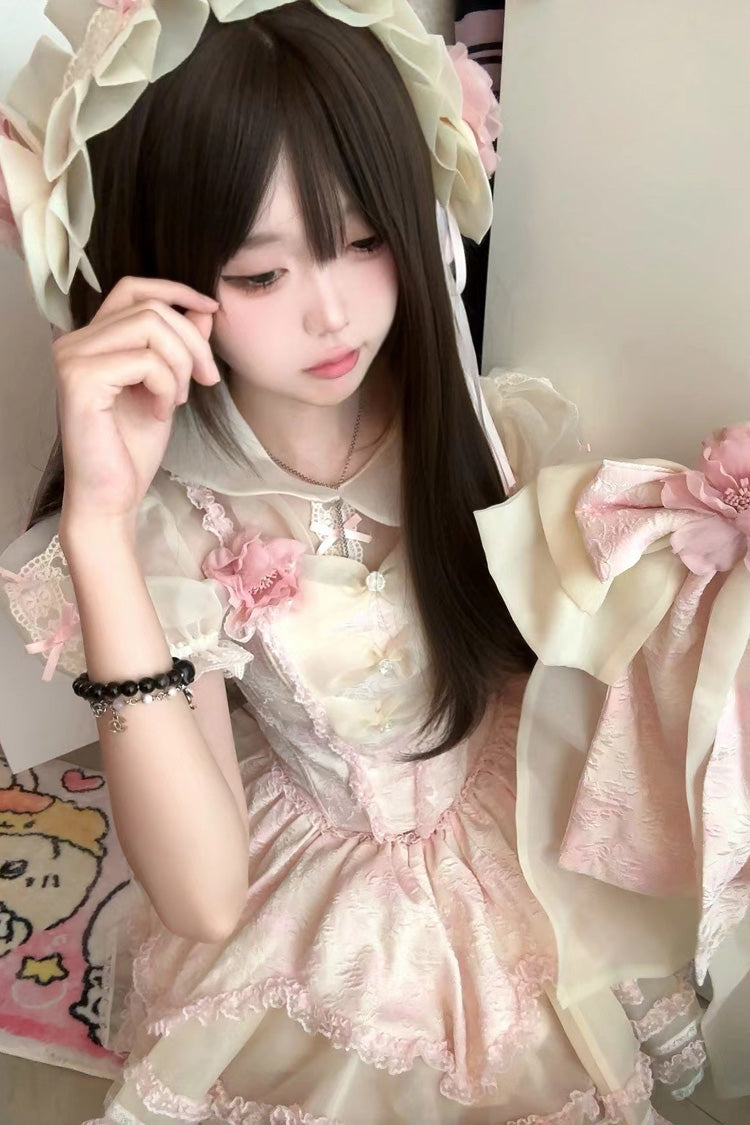 Pink [Jasmine Rain] Ruffle Hanayome Bowknot Lace Sweet Elegant Princess Lolita Dress - Product - 5