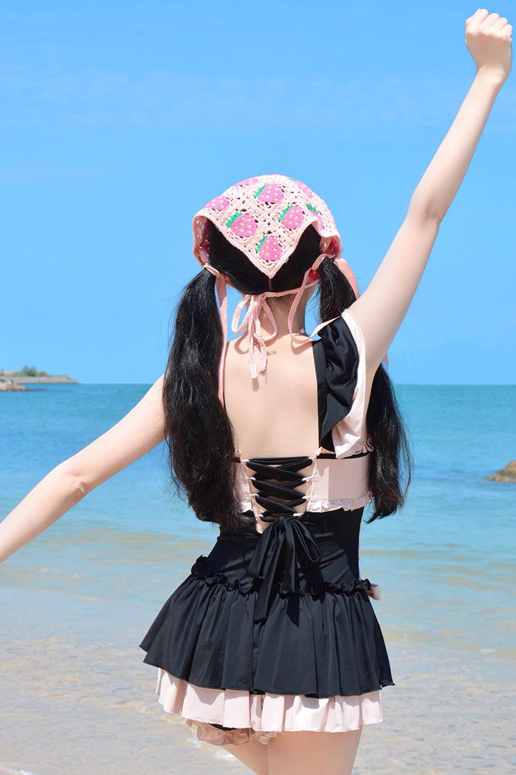 Black/Pink Ruffle Bowknot Lace-Up Sweet Lolita One-piece Swimsuit - Product - 7