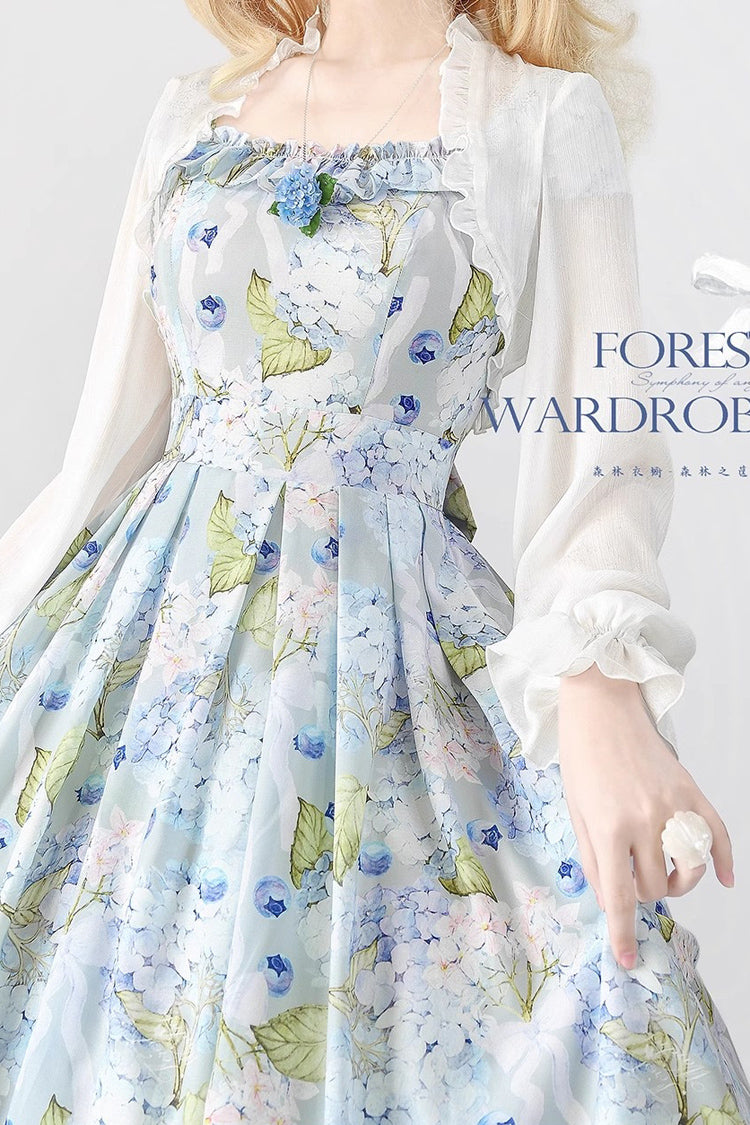 Blue [Forest Basket] Blueberry Hydrangea Print Bowknot Chiffon Sweet Elegant Lolita Jsk Dress - Product - 3