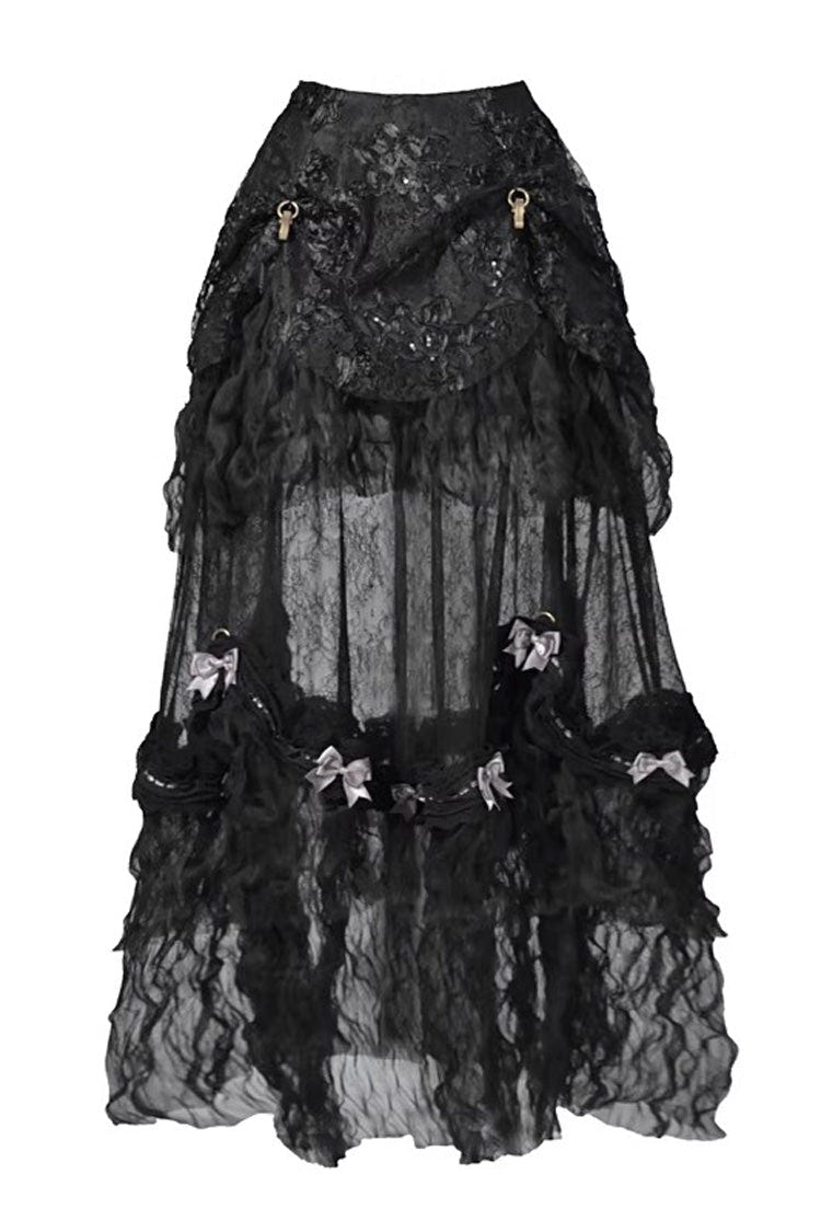 Black [Cupid’s Magic Box] Basel French Ruffle Embroidery Bowknot Lace Gothic Elegant Lolita Long Skirt - Product - 3