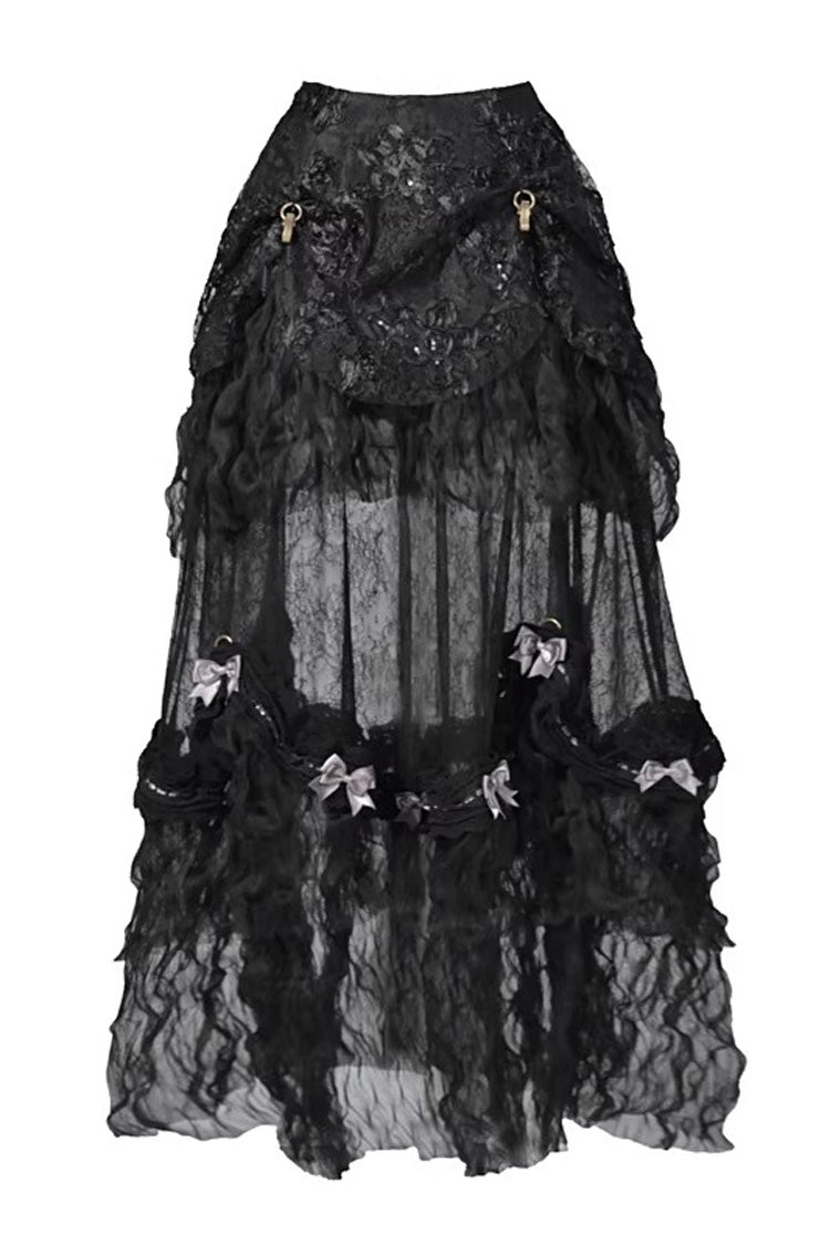 Black [Cupid’s Magic Box] Basel French Ruffle Embroidery Bowknot Lace Gothic Elegant Lolita Long Skirt - Product - 3