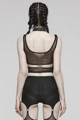 Black Sleeveless Hollow Stitching Mesh Cutout Ring Womens Steampunk Vest - Product - 3