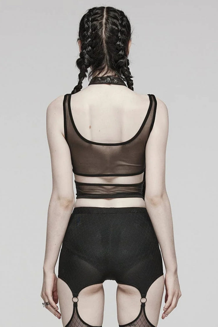 Black Sleeveless Hollow Stitching Mesh Cutout Ring Womens Steampunk Vest - Product - 3