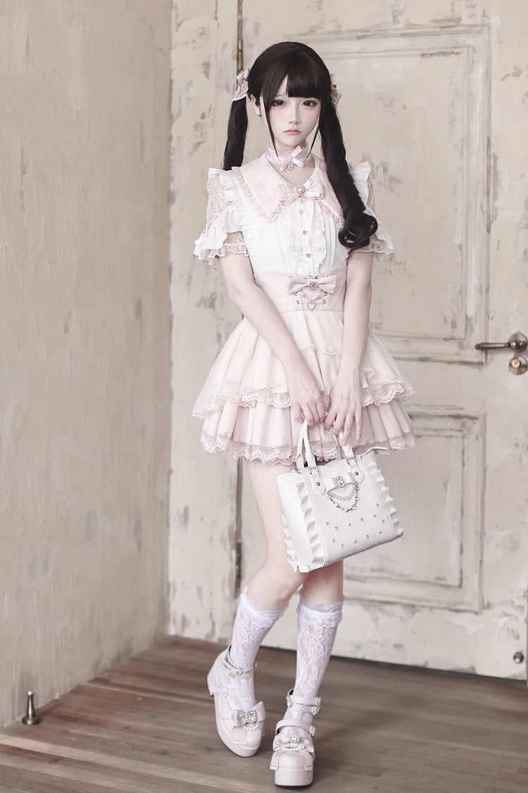 White/Pink [Dreamy Love Ballad] Lapel Collar Short Sleeves Double-Layered Ruffled Cut-Out Bow Gothic Japanese Jirai Kei Skirt Set - Product - 9