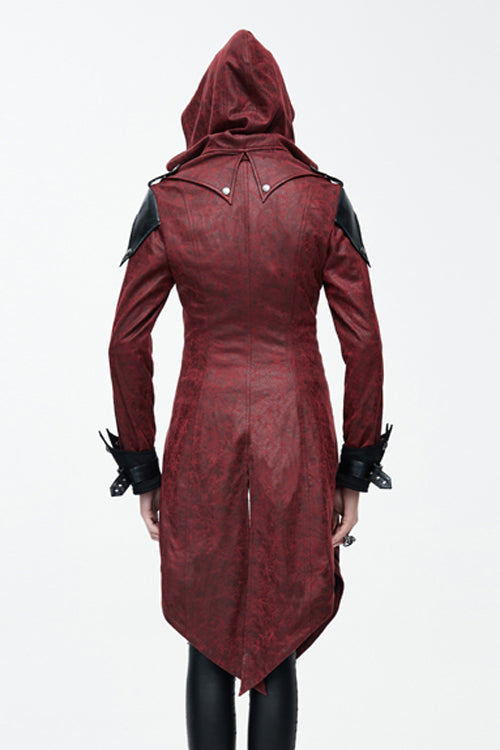 Punk Black And Red Applique Womens Hooded Leather Long Coats - Product - 4