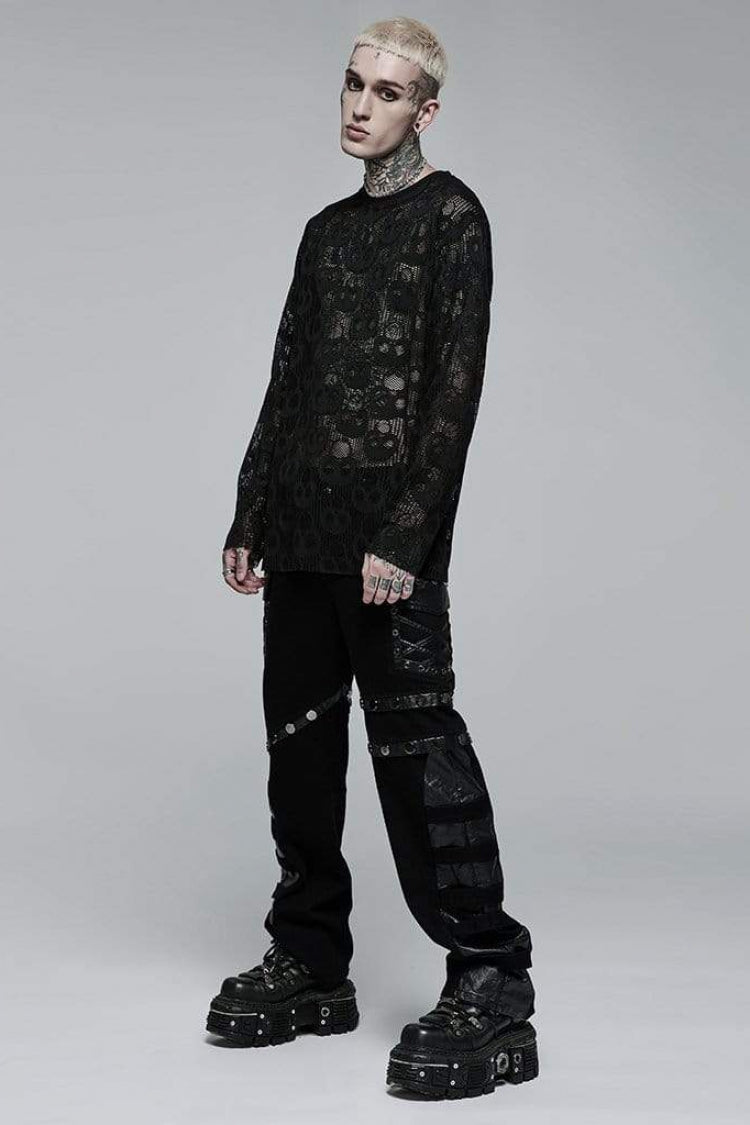 Black Long Sleeves Skull Print Lace Sheer Mesh Men's Steampunk T-Shirt - Product - 4