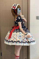 Black [Mystery Rabbit Tea Party] Square Collar Short Sleeves Print Ruffle Bowknot Lace Sweet Lolita Dress - Product - 5