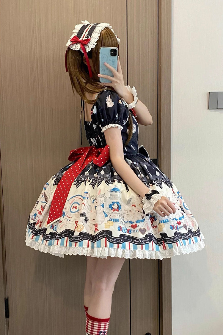 Black [Mystery Rabbit Tea Party] Square Collar Short Sleeves Print Ruffle Bowknot Lace Sweet Lolita Dress - Product - 5