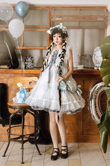 White/Blue Sleeveless Diamond Plaid Print Bowknot Alice Sweet Lolita JSK Dress - Product - 5