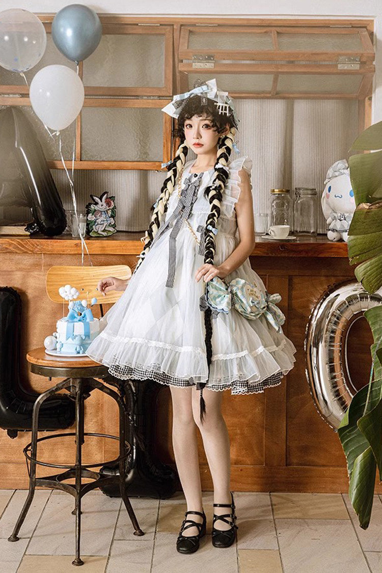 White/Blue Sleeveless Diamond Plaid Print Bowknot Alice Sweet Lolita JSK Dress - Product - 5