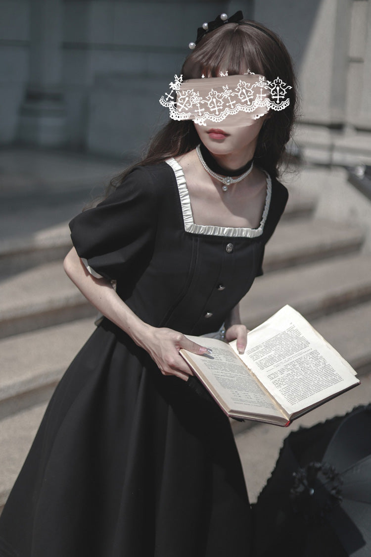 Black [Random Thoughts] Square Collar Short Sleeves Ruffle Classic Vintage Elegant Lolita Dress - Product - 6