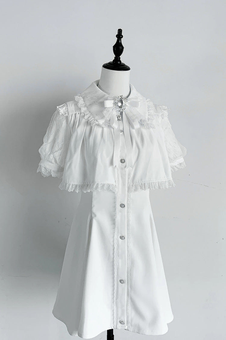 Jirai Kei Lapel Collar Short Sleeves Lace Dress 3 Colors - White - 4