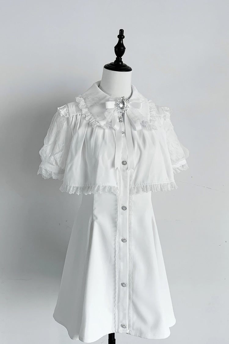 Jirai Kei Lapel Collar Short Sleeves Lace Dress 3 Colors - White - 4