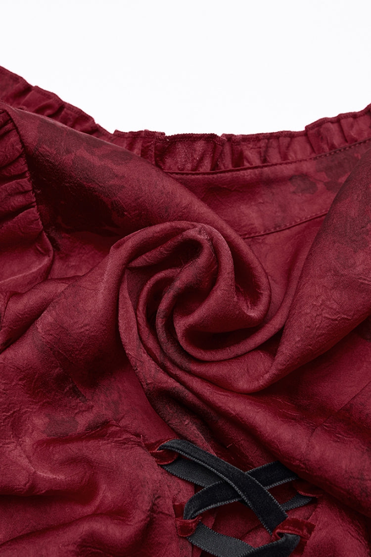 Red Stand Collar Long Puff Sleeves Ruffle Stitching Lace Women's Gothic Blouse - Product - 8