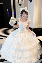 White [Maiden Lace] Off Shoulder Triple-Layered Ruffle Hanayome Bowknot Lace Sweet Lolita Jsk Dress - Product - 2