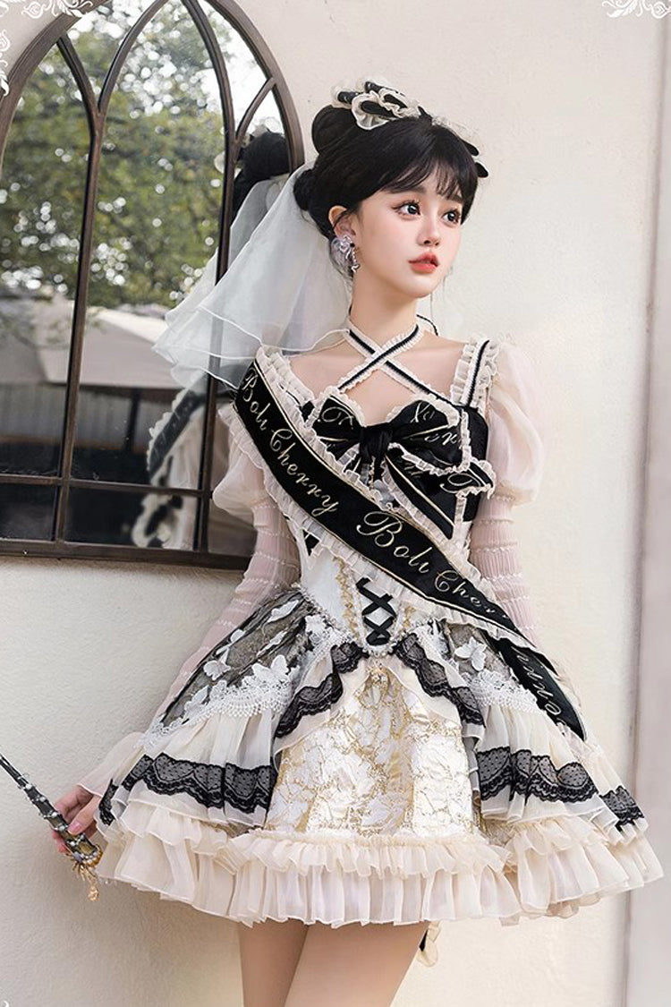 Black/Gold [Lilibet] Print Ruffle Cardigan Bowknot Lace Fishbone Sweet Lolita Dress - Product - 6