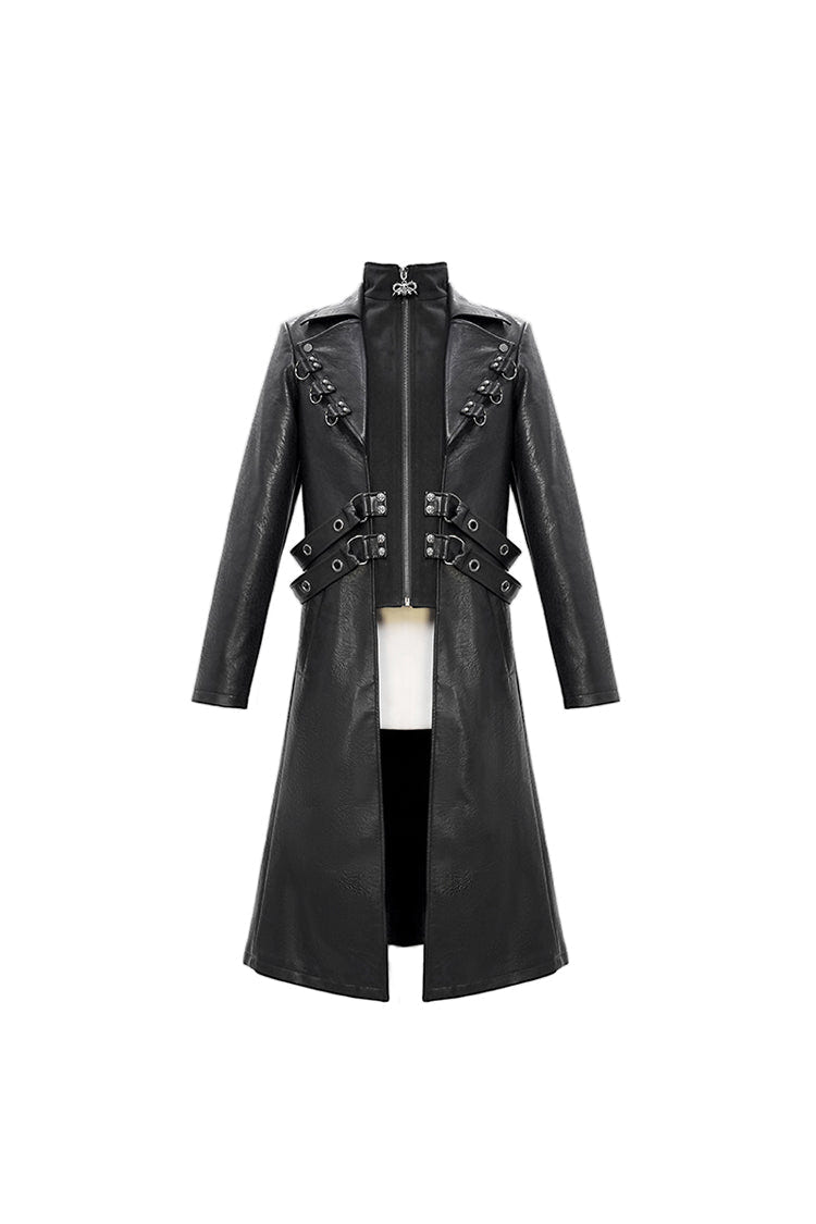 Black Stand Up Collar Waist Leather Hasp Leather Long Men's Punk Coat - Product - 5