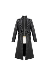 Black Stand Up Collar Waist Leather Hasp Leather Long Men's Punk Coat - Product - 5