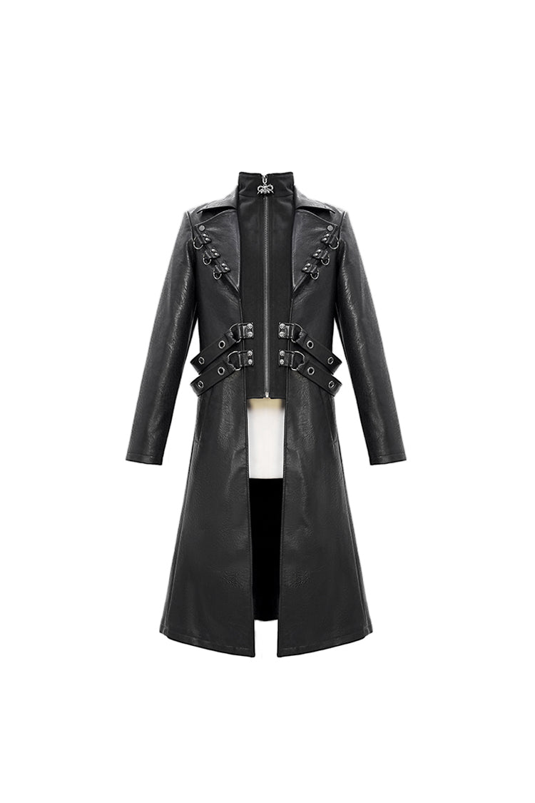 Black Stand Up Collar Waist Leather Hasp Leather Long Men's Punk Coat - Product - 5