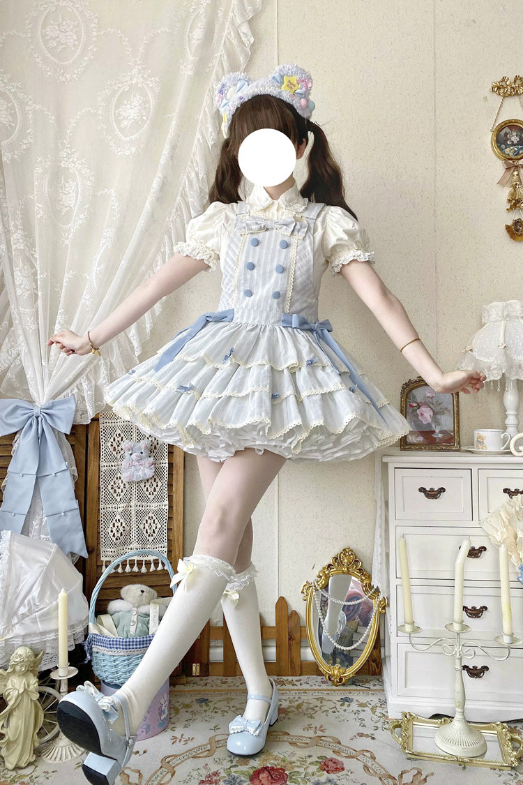 Light Blue Cotton Sleeveless Triple-Layered Printed Ruffled Bow Sweet Lolita Strap Dress - Light-Blue - 1