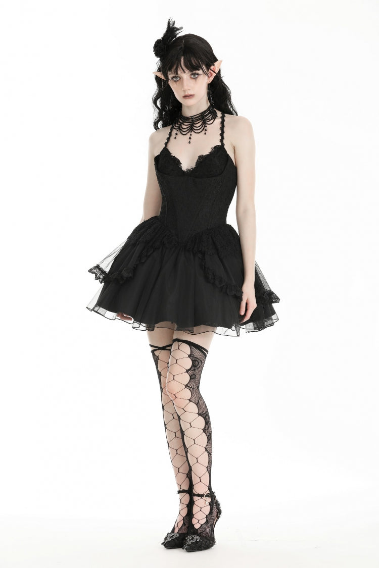 Black V Collar Sleeveless Multi-Layered Lace Trim Lace-Up Women's Gothic Party Slip Graduation Dress - Product - 8