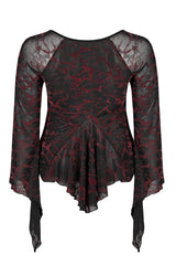 Red V Neck Stretch Mesh Fabric Abstract Pattern Design Flared Cuffs Women's Plus Size Gothic T-Shirt - Product - 7