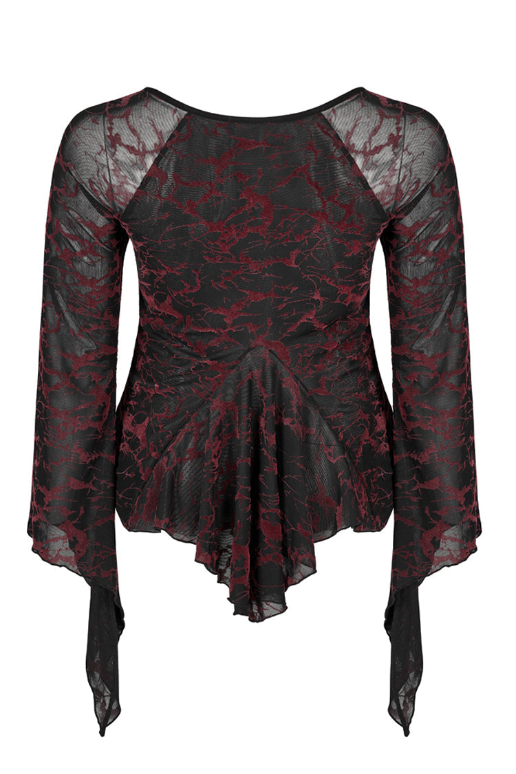 Red V Neck Stretch Mesh Fabric Abstract Pattern Design Flared Cuffs Women's Plus Size Gothic T-Shirt - Product - 7