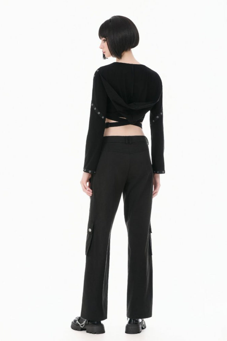 Black Women's Punk Big Pocket Cross Zippered Eyelet Cargo Pants - Product - 10