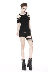 Black Off Shoulder Straps Short Sleeves Cut-Out Women's T-Shirt - Product - 10