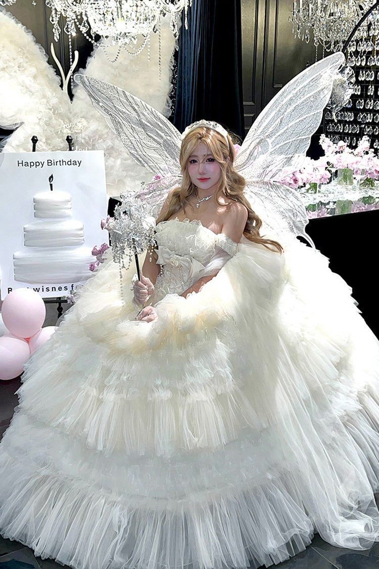 White [Maiden’s Love] Off Shoulder Triple-Layered Ruffled Hanayome Bow Lace Sweet Princess Lolita Dress - Product - 15