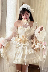 Princess Sleeveless Ruffle Bowknot Lace Sweet Lolita Jsk Dress 4 Colors - White - 4