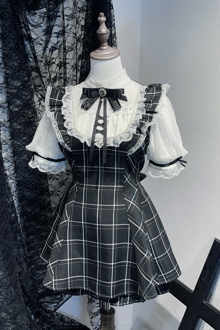 [First Love Contract] Print Bowknot Lace Gothic Jirai Kei Dress Set 4 Versions - Black/White-Short-Sleeves - 3