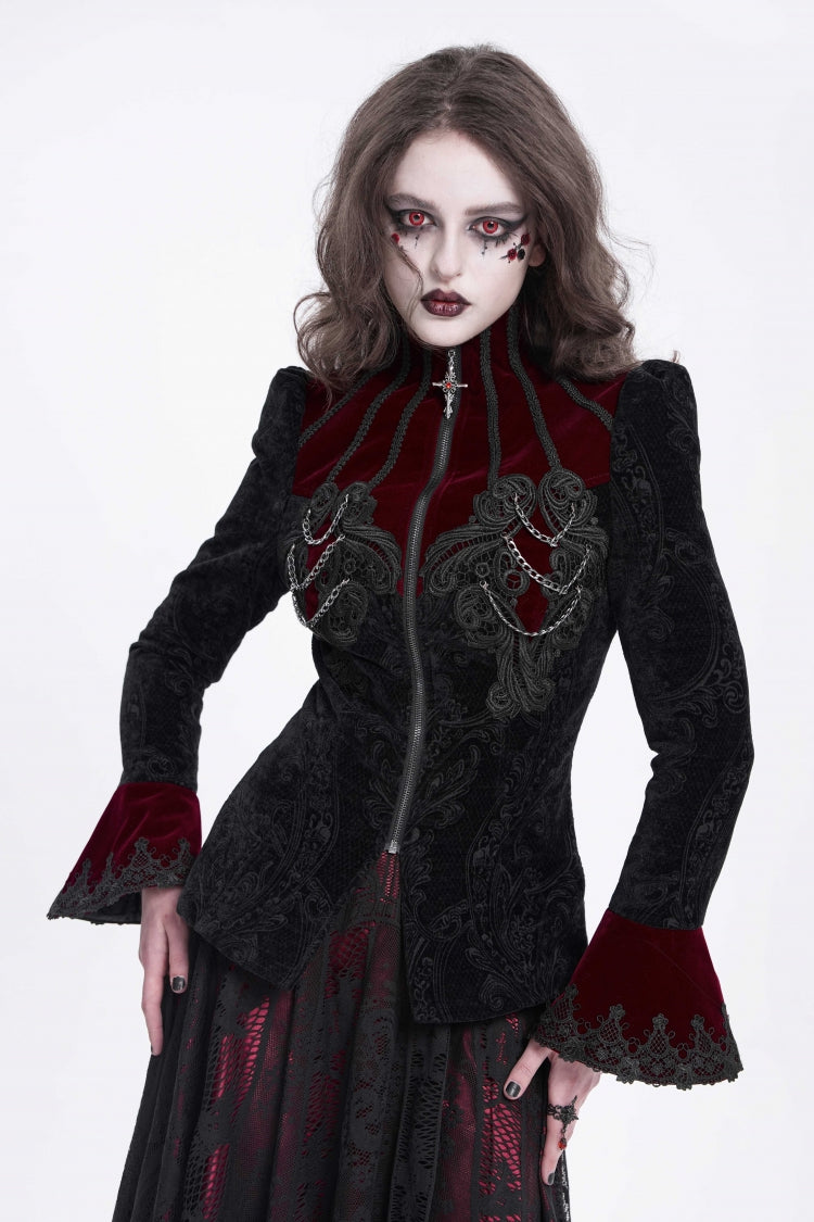 Black/Red Stand Collar Long Trumpet Sleeves Embroidery Women's Gothic Jacket - Product - 2