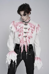White High Collar Long Trumpet Sleeves Color-Blocked Pleated Men's Gothic Shirt - Product - 9