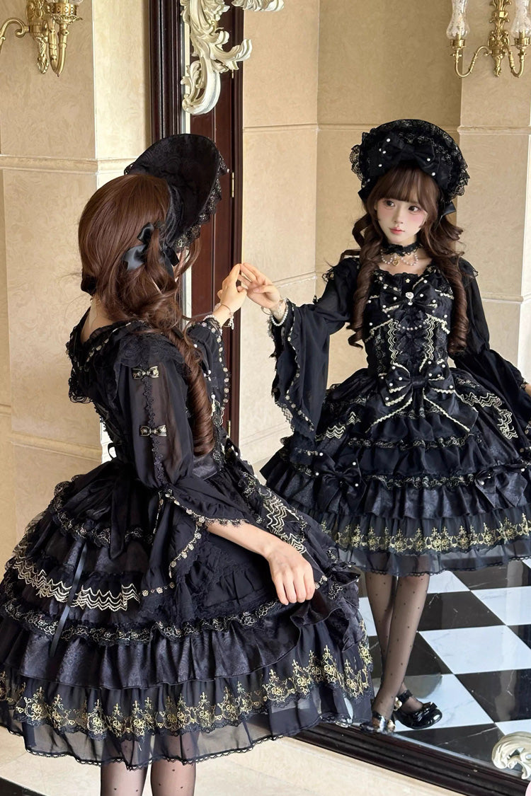 Black [Dream-Sinking Pearl Veil] Doll-Style Sleeveless Multi-Layered Ruffled Bow Lace Daily Gothic Lolita Dress - Product - 4