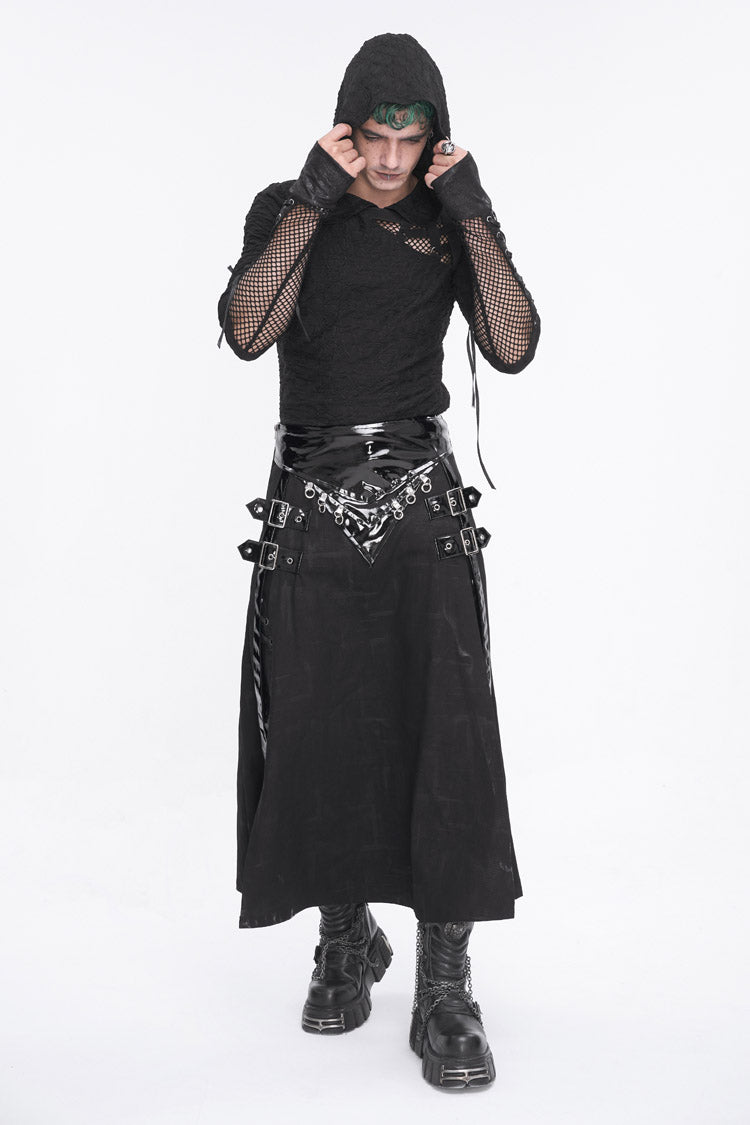 Black Patent Leather Splice Split Men's Punk Skirt - Product - 7