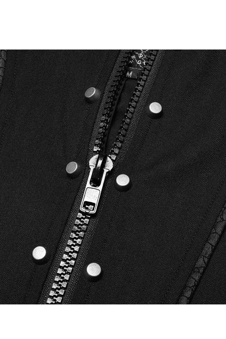 Black Punk Stand Collar Skeleton Embroidery Frenulum Metal Rivet Zippe Slim Fit Mid Length Men's Coat - Product - 8