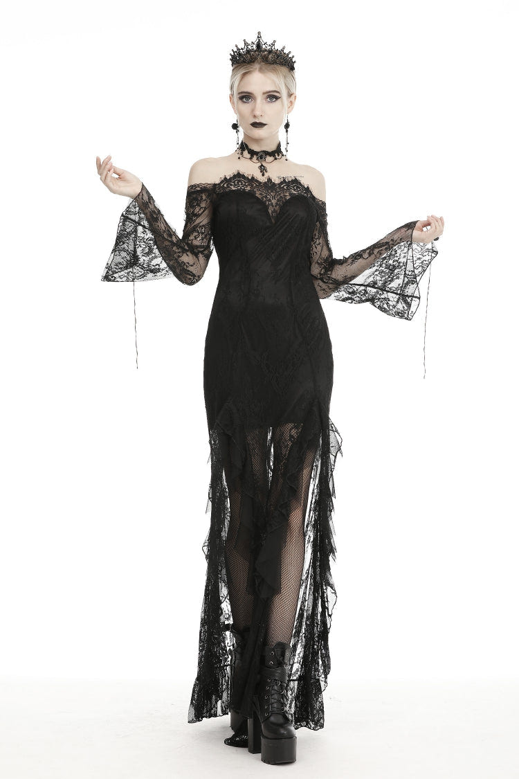 Black Off Shoulder Long Sleeves Lace Lace-Up Women's Gothic Mermaid Wedding Dress - Black - 1