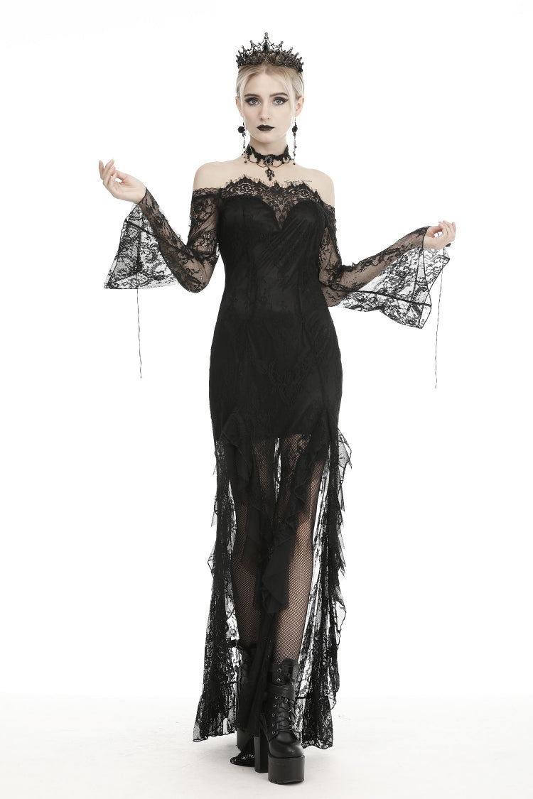 Black Off Shoulder Long Sleeves Lace Lace-Up Women's Gothic Mermaid Wedding Dress - Black - 1